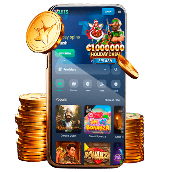 Imagen promocional de la app móvil de 7Slots Chile, mostrando la interfaz de usuario en un teléfono rodeado de monedas doradas, destacando juegos populares como “Sweet Bonanza” y “Gonzo’s Quest