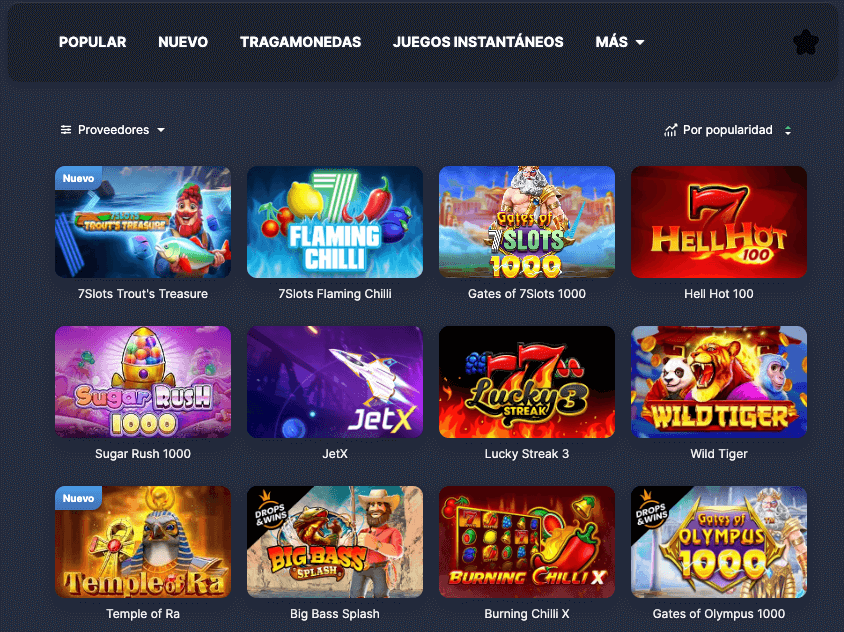 Captura de pantalla de la página principal del casino en línea 7Slots en Chile, mostrando una variedad de tragamonedas populares como “Gates of 7Slots 1000”, “Sugar Rush 1000” y “Hell Hot 100”