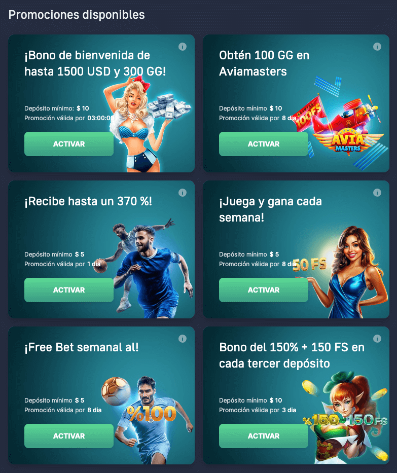 Sección de promociones del casino 7Slots en Chile, con ofertas destacadas como bono de bienvenida de hasta $1500 USD + 300 giros gratis, recargas semanales y promociones para apuestas deportivas