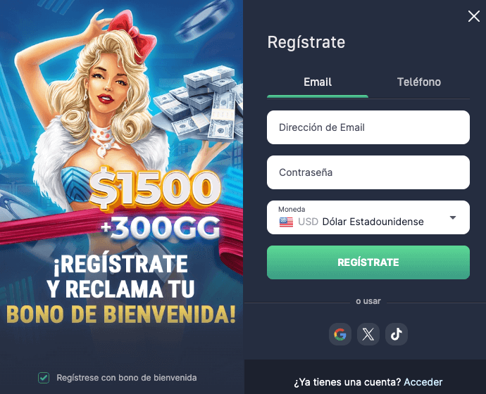 Pantalla de registro en 7Slots Chile que ofrece un bono de bienvenida de $1500 USD y 300 giros gratis, con opción de crear cuenta usando email, teléfono o redes sociales como Google, X o TikTok