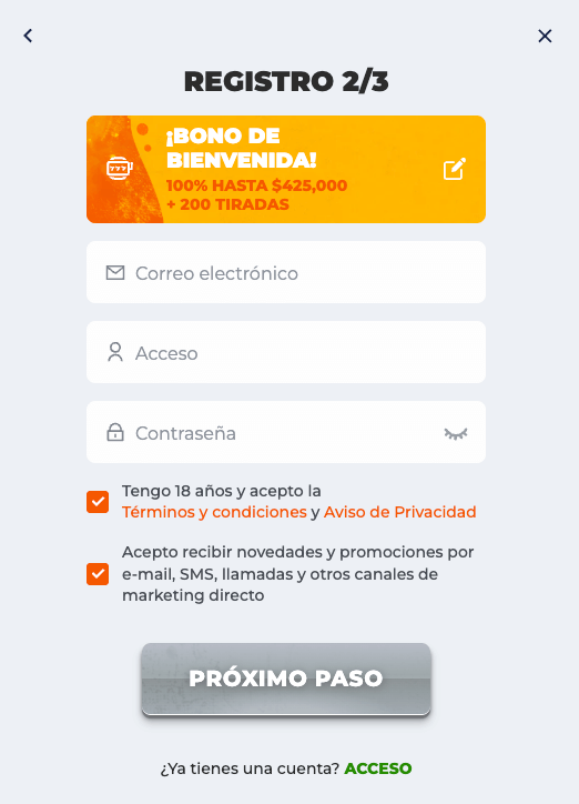 Formulario de registro en Betriot Chile, mostrando el segundo paso de inscripción donde se ofrecen bonos de bienvenida de hasta $425.000 y 200 giros, junto con la aceptación de términos y promociones.