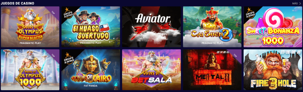 Sección de juegos de casino en Betsala Chile, con títulos populares como "Gates of Olympus 1000", "Sweet Bonanza 1000", "Aviator" y "El Huaso Suertudo", disponibles para jugar con Drops & Wins.