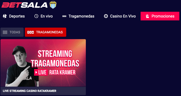 Promoción de streaming en vivo de tragamonedas en el casino Betsala Chile, con el streamer Rata Kramer presentando juegos en tiempo real para la audiencia.