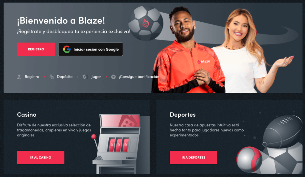 Página de bienvenida de Blaze Chile con opciones para registrarse o iniciar sesión con Google, destacando apuestas deportivas y juegos de casino con una interfaz moderna y embajadores reconocidos.