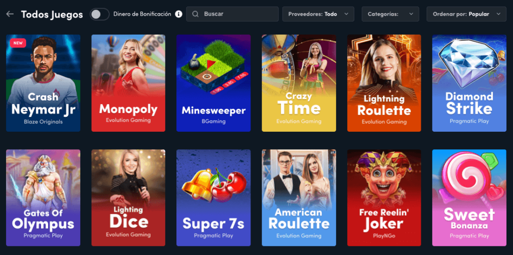 Catálogo de juegos de Blaze Casino en Chile con títulos populares como “Crash Neymar Jr”, “Monopoly”, “Gates of Olympus” y “Sweet Bonanza”, disponibles para jugar con dinero de bonificación.