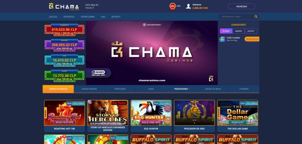 Pantalla principal del Casino Chama en Chile, mostrando acumulados de jackpots en pesos chilenos, acceso a juegos populares como “Roasting Hot”, “Buffalo Spirit” y “Pescador de Oro”, además de secciones para deportes, loterías y juegos nuevos. También se destacan ganadores recientes y un diseño enfocado en la experiencia del usuario con múltiples categorías de juegos.