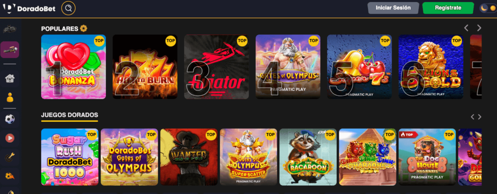 Vista de los juegos populares y “Juegos Dorados” del casino DoradoBet en Chile, con títulos destacados como DoradoBet Bonanza, Aviator, Gates of Olympus y The Dog House Megaways.