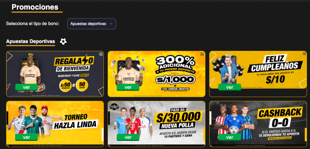 Sección de promociones deportivas en DoradoBet Chile, ofreciendo bonos como 300% en el primer depósito, apuestas gratis por cumpleaños y torneos con premios de hasta S/30,000.