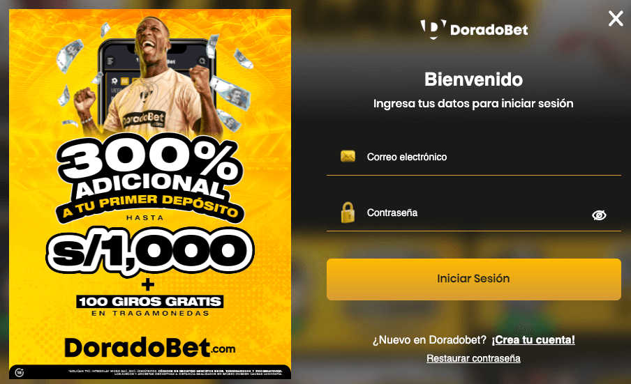 Pantalla de inicio de sesión de DoradoBet Chile con una promoción destacada de bienvenida: 300% adicional en el primer depósito hasta S/1,000 más 100 giros gratis en tragamonedas.