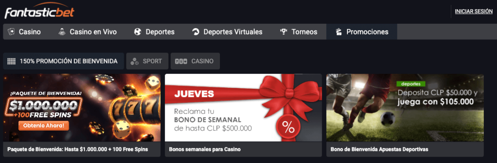 Sección de promociones de Fantasticbet Chile, ofreciendo un bono de bienvenida de hasta $1.000.000 CLP + 100 giros gratis, bonificaciones semanales y promociones para apuestas deportivas.