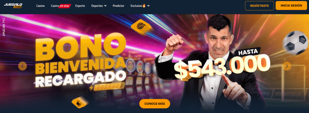 Promoción principal de Juegalo Chile con un bono de bienvenida recargado de hasta $543.000 CLP, destacando su enfoque en apuestas deportivas y juegos de casino.