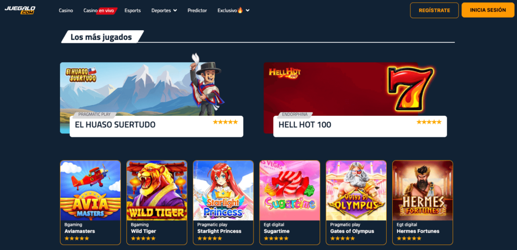 Sección de los juegos más jugados en Juegalo Chile, con títulos populares como “El Huaso Suertudo”, “Hell Hot 100”, “Gates of Olympus” y “Starlight Princess”.