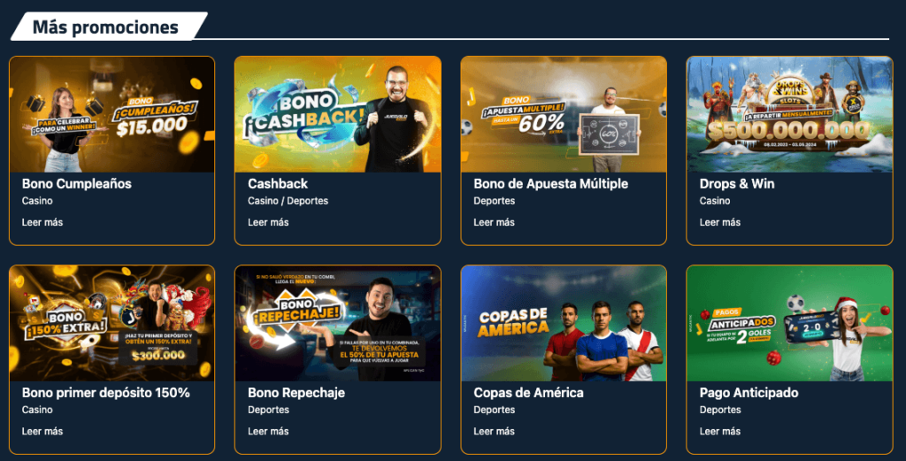 Vista de promociones activas en Juegalo Chile, que incluyen bono de cumpleaños, cashback, primer depósito del 150%, Drops & Wins y eventos deportivos como la Copa América.