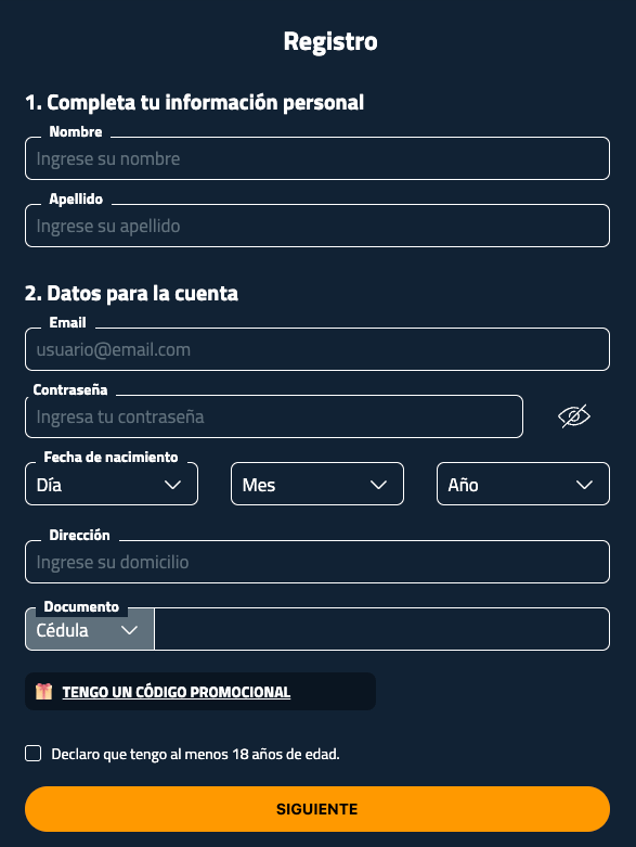 Formulario de registro en Juegalo Chile donde se solicitan datos personales, correo electrónico, contraseña y documento de identidad para crear una cuenta de juego.