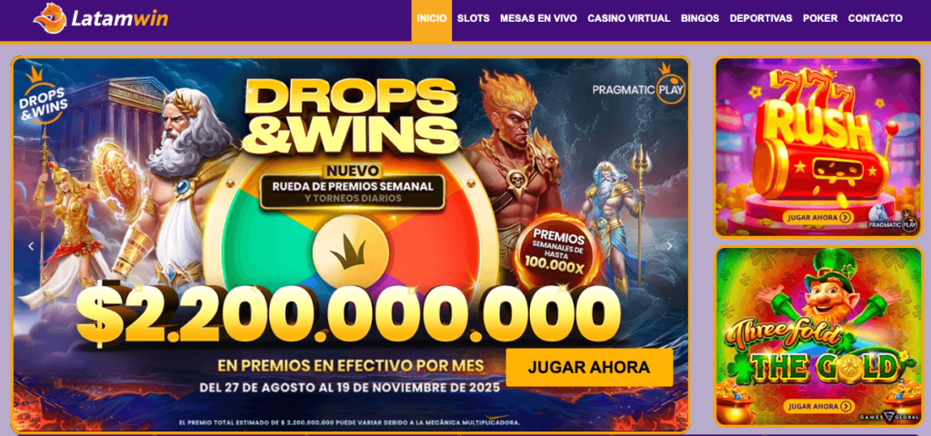 Promoción principal de Latamwin Chile con el evento Drops & Wins de Pragmatic Play, que reparte $2.200.000.000 CLP en premios mensuales, junto a tragamonedas destacadas como “777 Rush” y “Threefold the Gold”.