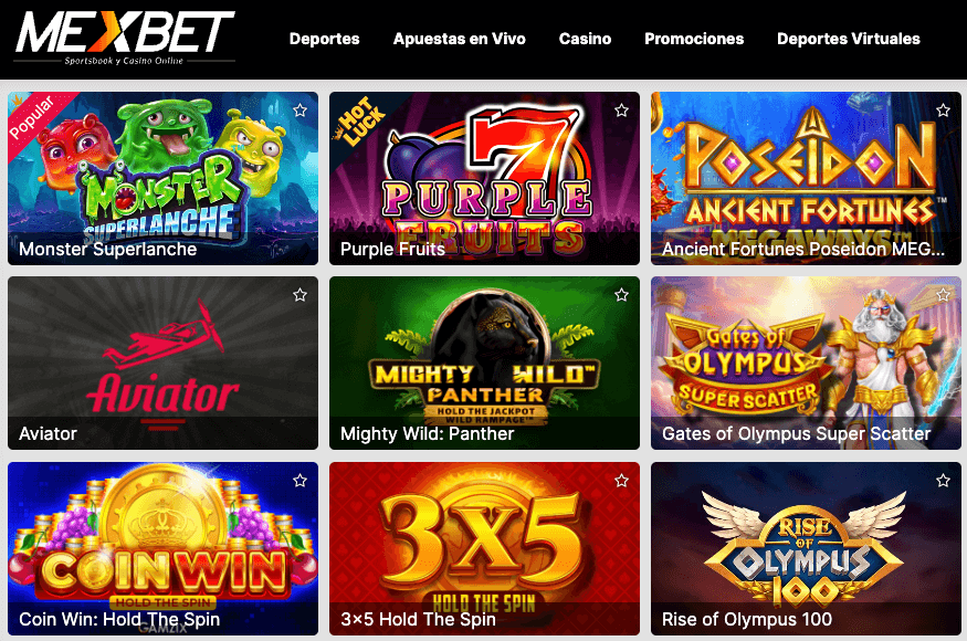Vista de los juegos destacados del casino Mexbet en Chile, con títulos populares como “Monster Superlanche”, “Aviator”, “Gates of Olympus Super Scatter” y “Rise of Olympus 100”.