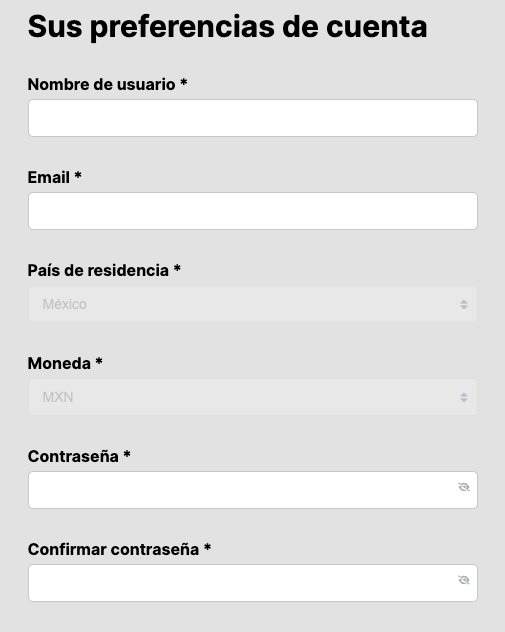 Formulario de registro en Mexbet Chile, donde los usuarios deben ingresar nombre de usuario, email, país de residencia, moneda y contraseña para crear su cuenta.