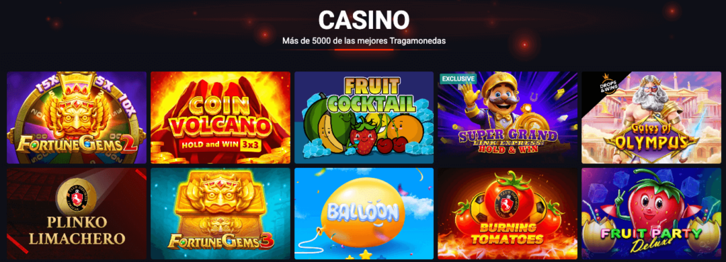 Vista de la sección de tragamonedas del casino Pin-Up en Chile, con más de 5.000 juegos disponibles, incluyendo títulos como "Gates of Olympus", "Fruit Cocktail", "Super Grand" y "Fortune Gems 2".
