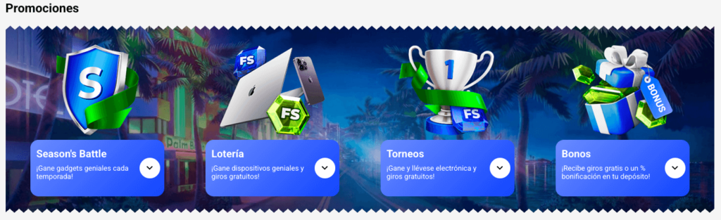 Sección de promociones de Slottica Chile con recompensas por torneos, sorteos de gadgets, batallas de temporada y bonos que incluyen giros gratis y bonificaciones por depósito.