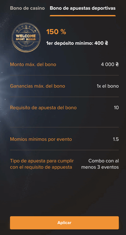 Bono de apuestas deportivas en Casino Sol Chile que ofrece un 150% extra en el primer depósito desde 400CLP, con condiciones como momios mínimos de 1.5 y apuestas combinadas de al menos tres eventos.