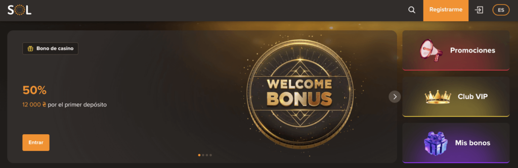 Página de inicio de Casino Sol en Chile destacando un bono de bienvenida del 50% hasta 12.000 CLP, junto a accesos directos a promociones, el Club VIP y la sección de bonos.