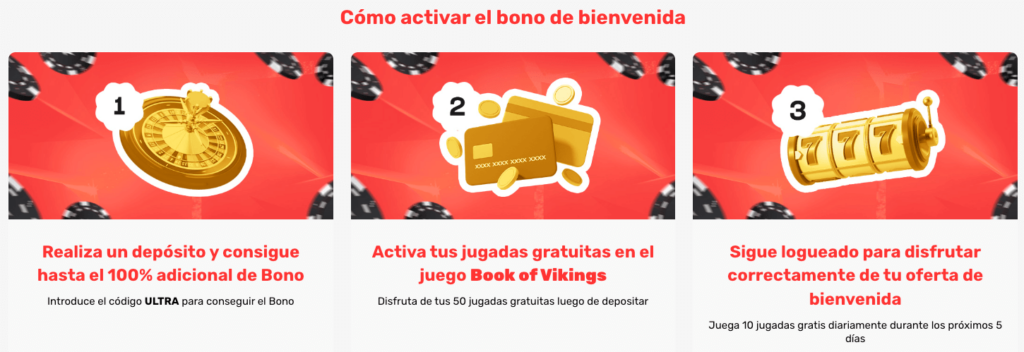 Instrucciones paso a paso para activar el bono de bienvenida en Ultra Casino Chile, que incluyen depositar, activar jugadas gratis en Book of Vikings y mantenerse conectado para aprovechar la oferta.