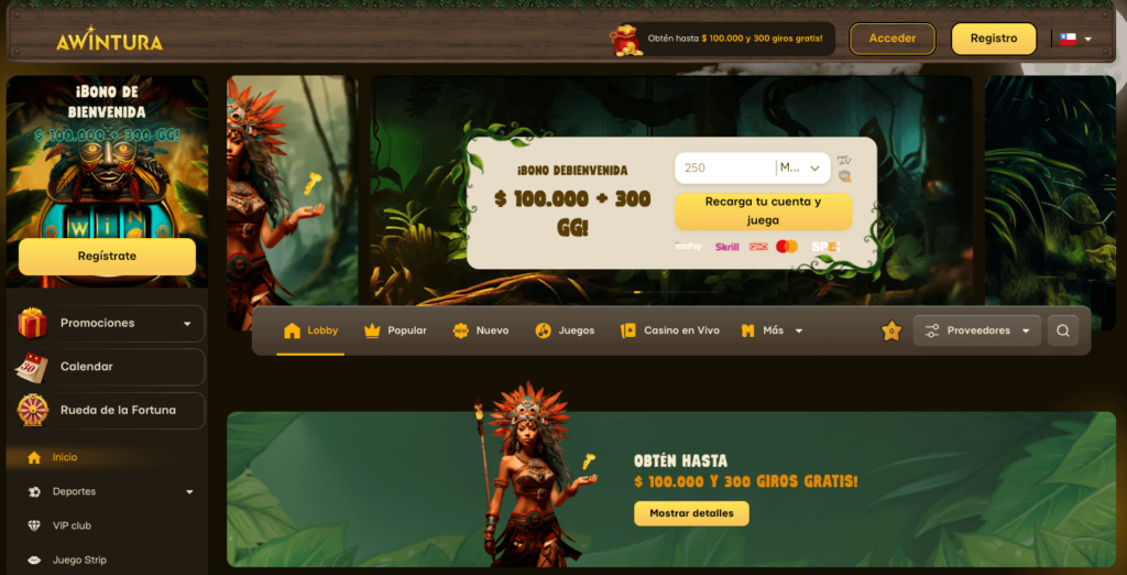 Pantalla principal del casino en línea Awintura Chile, con temática de selva y cultura ancestral, destacando un bono de bienvenida de $100.000 CLP + 300 giros gratis y acceso a secciones como promociones, juegos y casino en vivo.