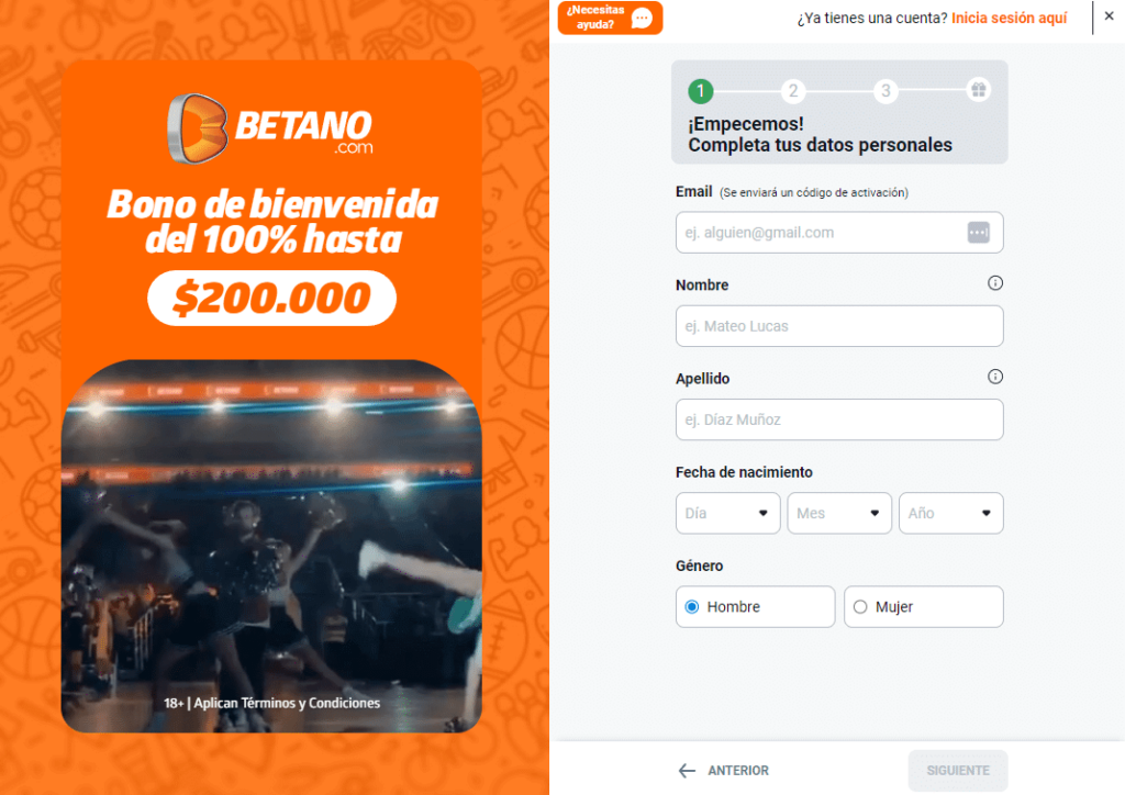 Pantalla de registro en Betano Chile con una promoción de bono de bienvenida del 100% hasta $200.000 CLP, mostrando el formulario para ingresar datos personales y comenzar a jugar.